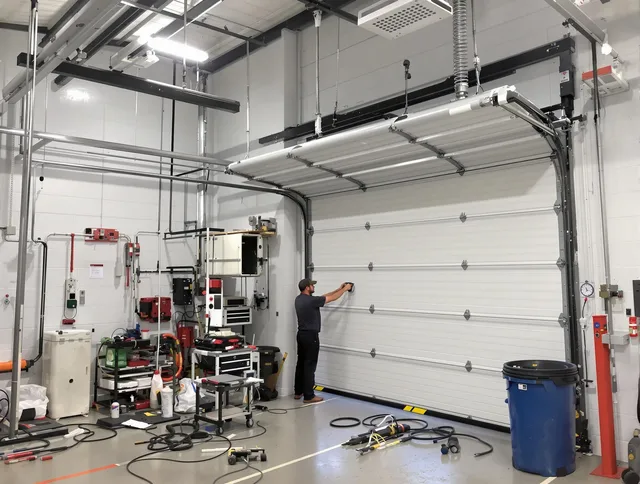 Foxborough Garage Door Repair certified technician performing commercial door repair at a Foxborough business facility