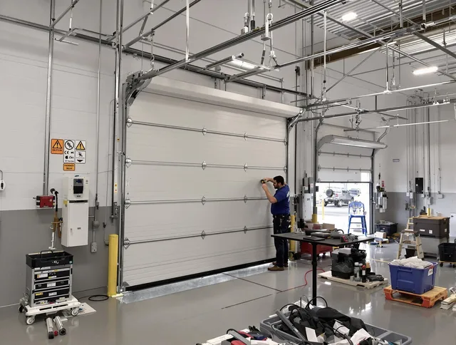 Commercial garage door repair being performed by Foxborough Garage Door Repair expert in Foxborough