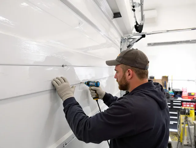 Foxborough Garage Door Repair technician demonstrating precision dent removal techniques on a Foxborough garage door