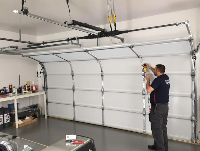 Foxborough Garage Door Repair certified technician performing overhead door system repair in Foxborough
