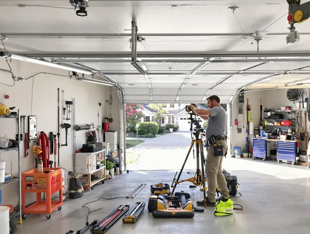 Foxborough Garage Door Repair specialist performing laser-guided track alignment in Foxborough